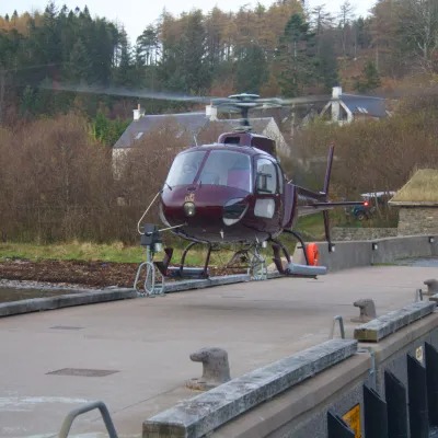 Helicopter landing on a rural road near trees and houses.