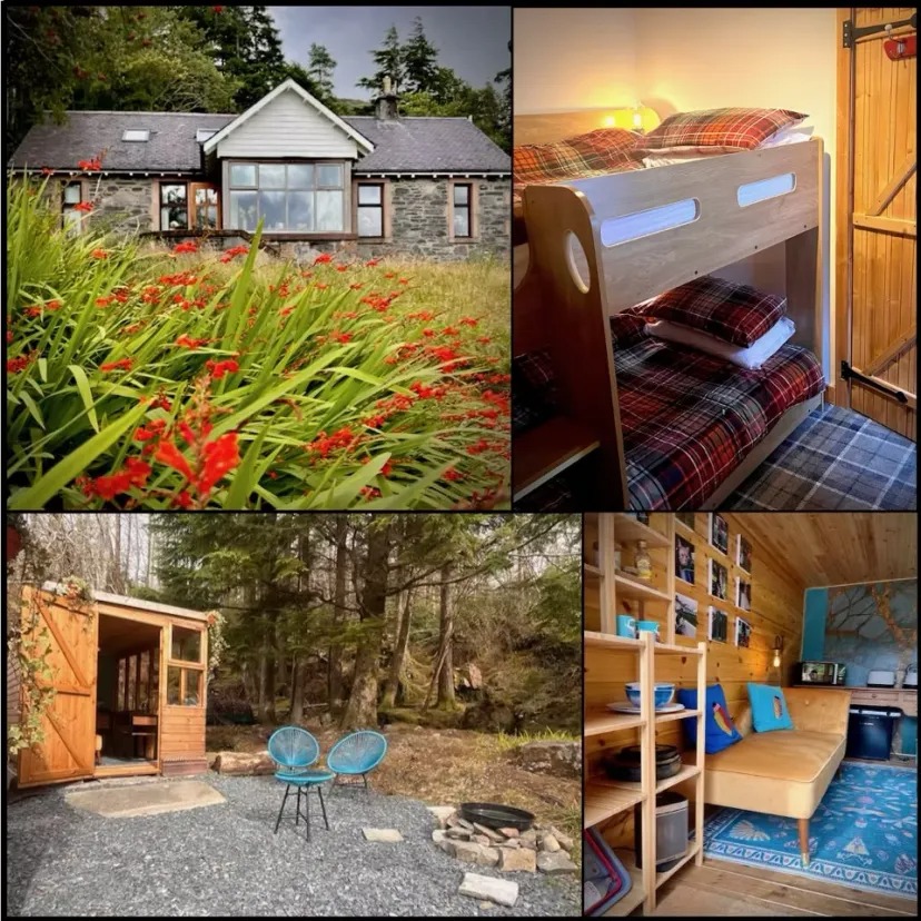 Collage: stone house, bunk bed, outdoor chairs, cozy room.