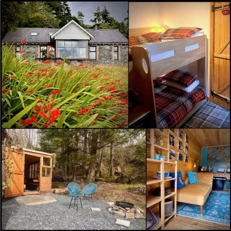 Collage: stone house, bunk bed, outdoor chairs, cozy room.