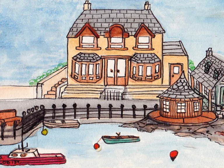 imgi_3_moorings Colorful drawing of a waterfront house with boats on the water.