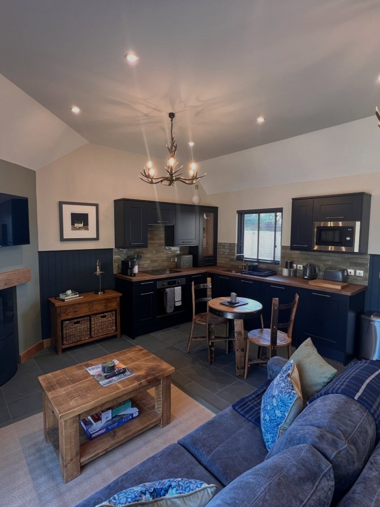Cozy open-plan kitchen and living area with modern decor and rustic accents.