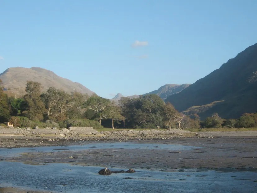 Scenic view of mountains, trees, and a shallow riverbed under a clear blue sky.