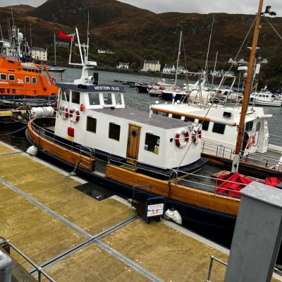 a train is parked on the side of a boat